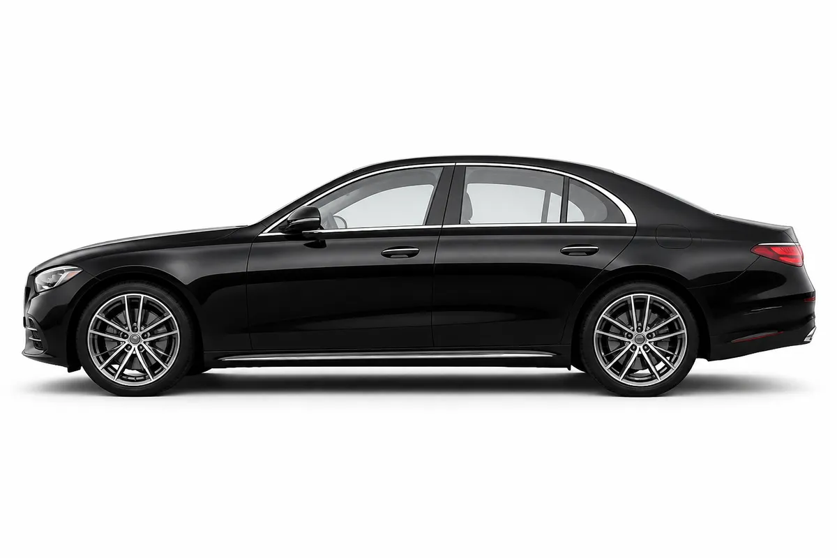 Black Mercedes E-Class saloon in side profile
