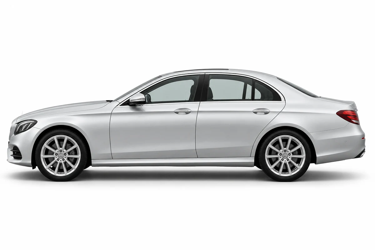 Silver Mercedes E-Class saloon in side profile