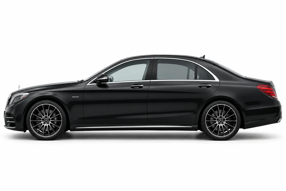 Black Mercedes S-Class saloon in side profile