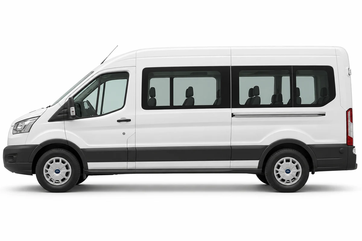 White Ford Transit in side profile