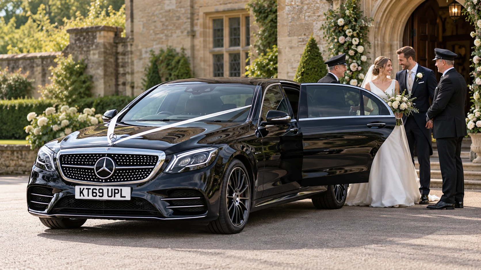 Illustration of a premium Mercedes S-Class at a wedding venue